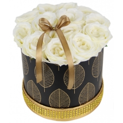 Bukiet 12x JASNO KREMOWYCH różyczek CZARNO ZŁOTY BOX